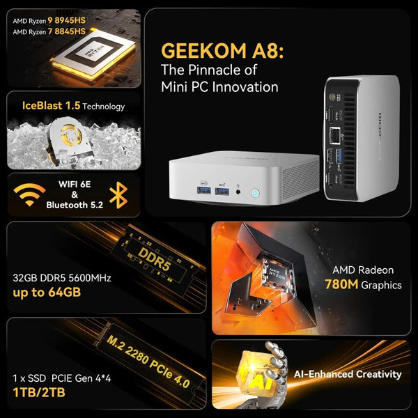 GEEKOM A8 AMD Ryzen 9 8945HS AI Mini PC 32GB DDR5 5600MHz