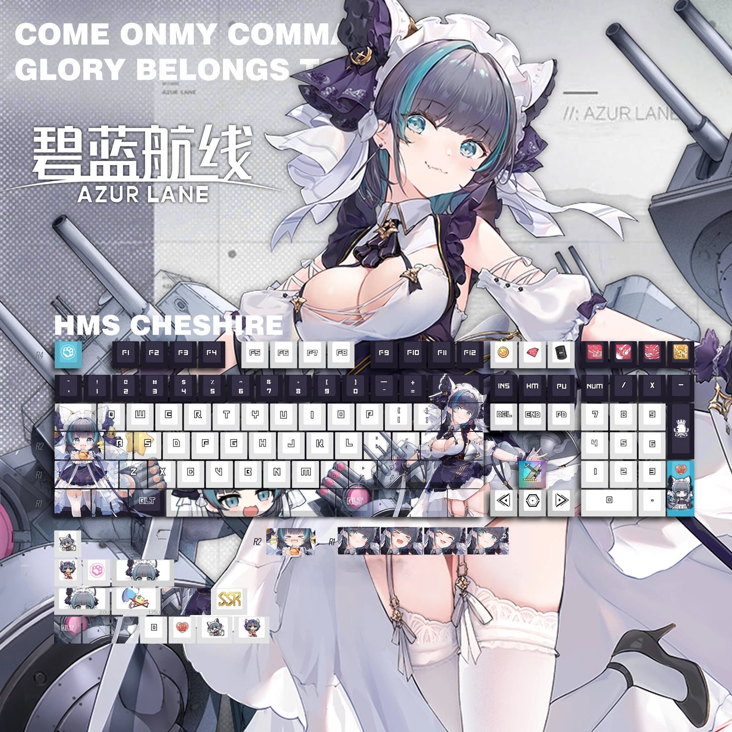 129 Keys/Set Azur Lane HMS Cheshire Cute Neko Girl PBT Cherry Profile for MX Switch Keycap for Mechanical Keyboard Game Custom