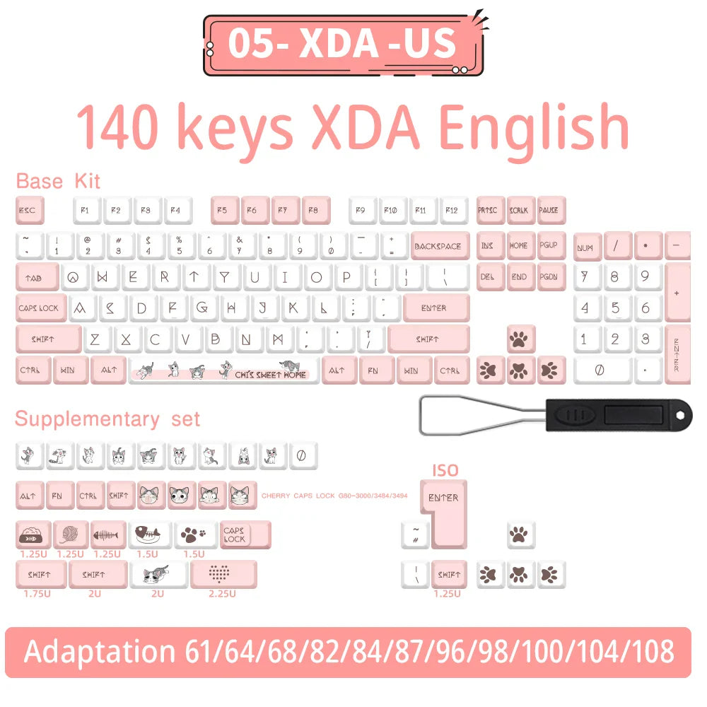 140 Tasten PBT-Tastenkappen XDA-Profil ISO-Layout Spanisch-Russisch-Japanisch-Koreanisch-Französisch-Tastenkappen für mechanische Cherry-MX-Tastatur