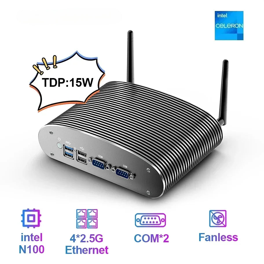 GTBOX Fanless Industrial Mini PC intel N100 Win 11 pro Desktop Computer MR02  with 4*Intel LAN i225, 2 COM, 3 USB for Linux