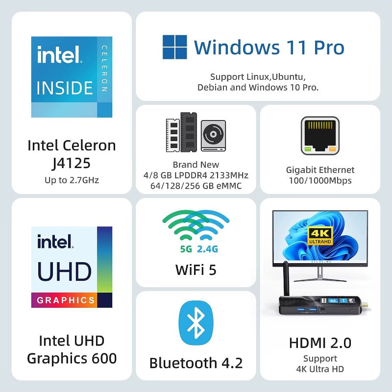 MeLE Mini-PC-Stick Lüfterlos Windows 11 Intel N100 J4125 Tragbarer Mini-Computer Tiny-PC HDMI 4K Wi-Fi5 BT4.2 PCG02 GLE Barebone