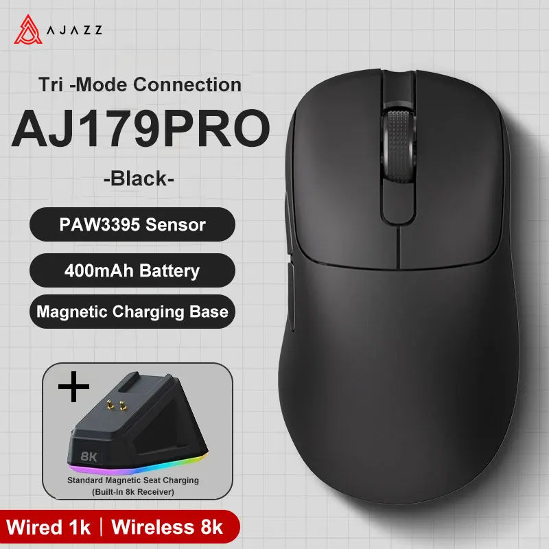AJAZZ AJ179 PRO PAW3395 8K Wireless Gaming Mouse with RGB Charging Base 26000DPI Lightweight Ergonomic 58g