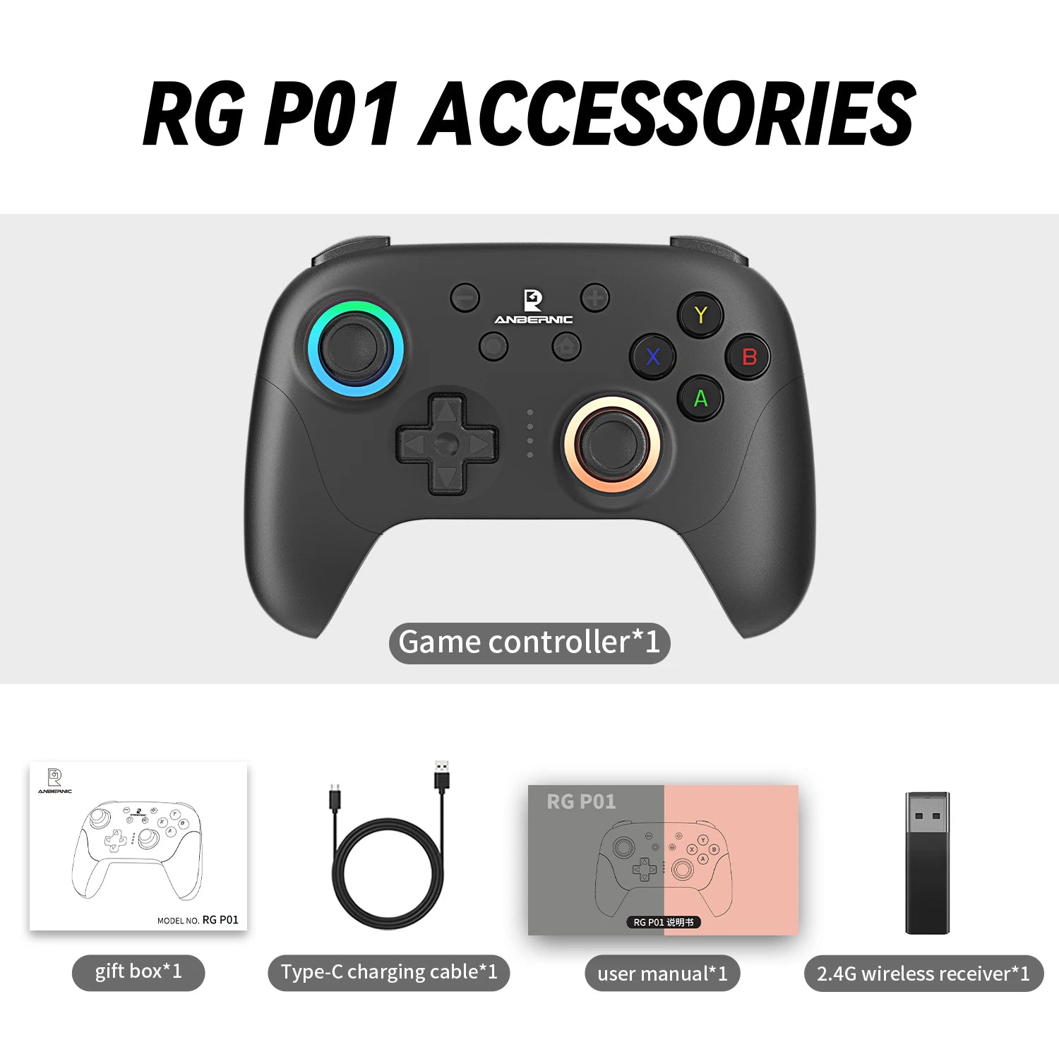 ANBERNIC RG P01 Gamepad Kabelgebundener drahtloser Bluetooth RGB Hall-Effekt-Joystick XBOX-Gamecontroller für PC Android IOS Steam