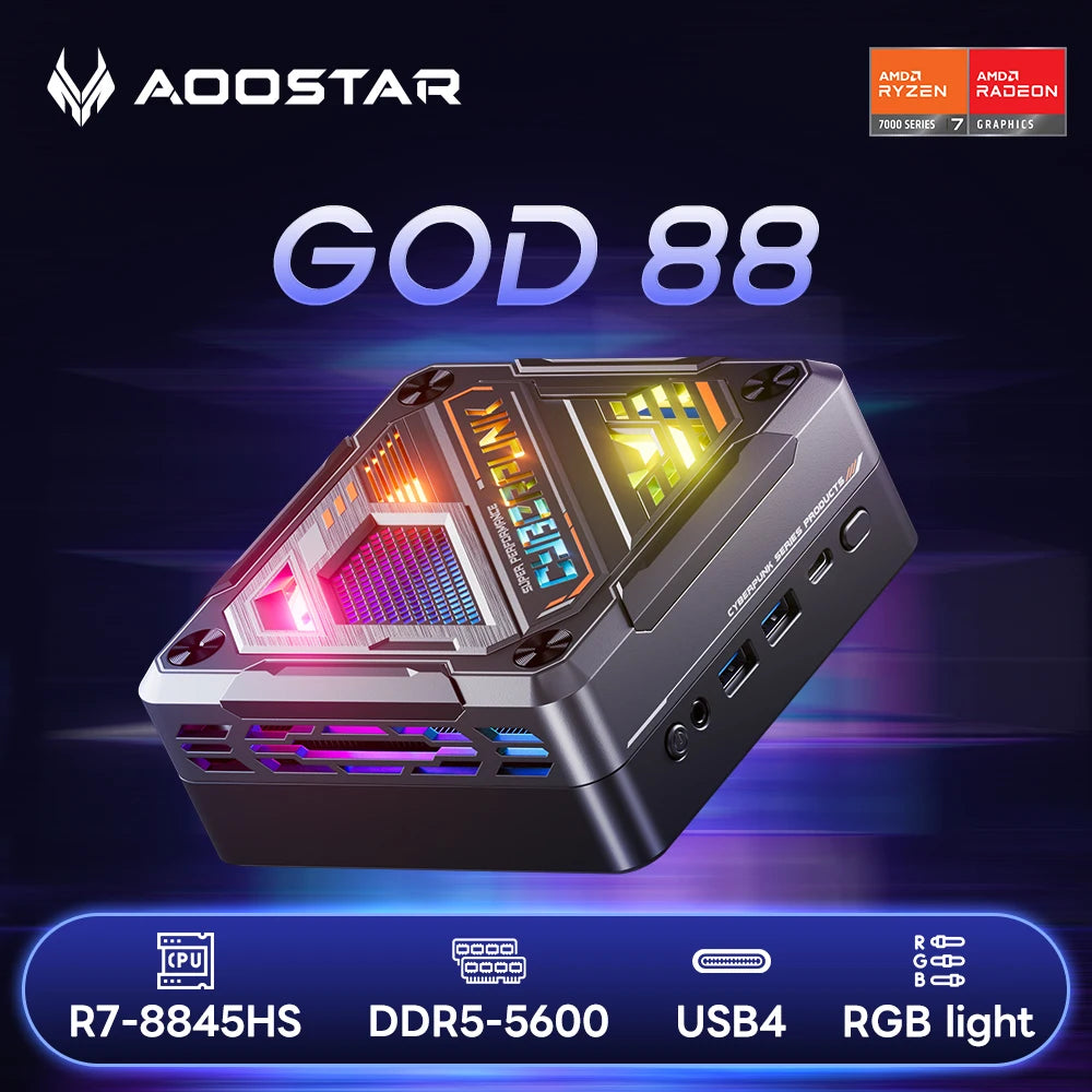 AOOSTAR GOD88 Mini-PC Ryzen 7 8845HS DDR5 5600Mhz PCIe4.0 SSD, mit 2,5G+1G LAN/W11 Pro