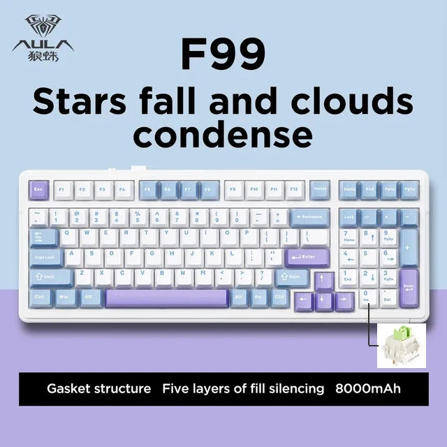 Aula F99 Gaming Mechanical Keyboard Three Mode 2.4g Wireless Bluetooth Wired Hot Swap PBT Gasket RGB