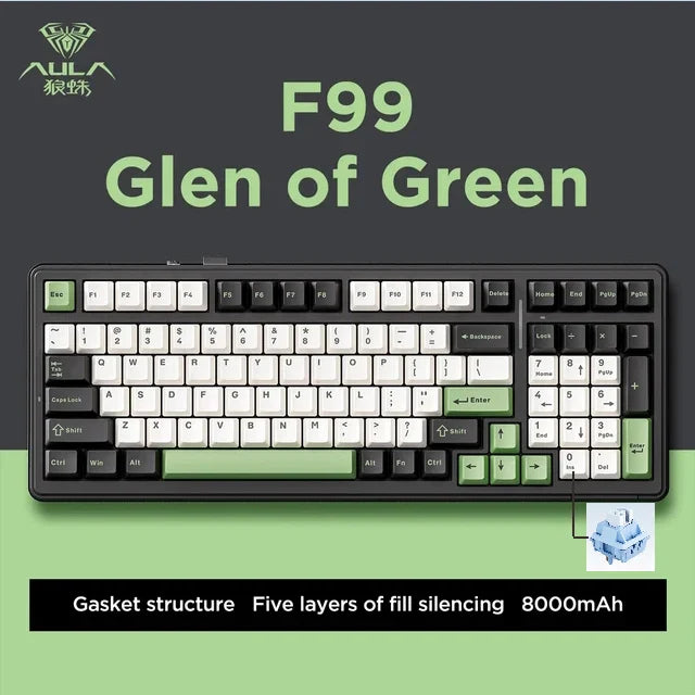 Aula F99 Gaming Mechanical Keyboard Three Mode 2.4g Wireless Bluetooth Wired Hot Swap PBT Gasket RGB