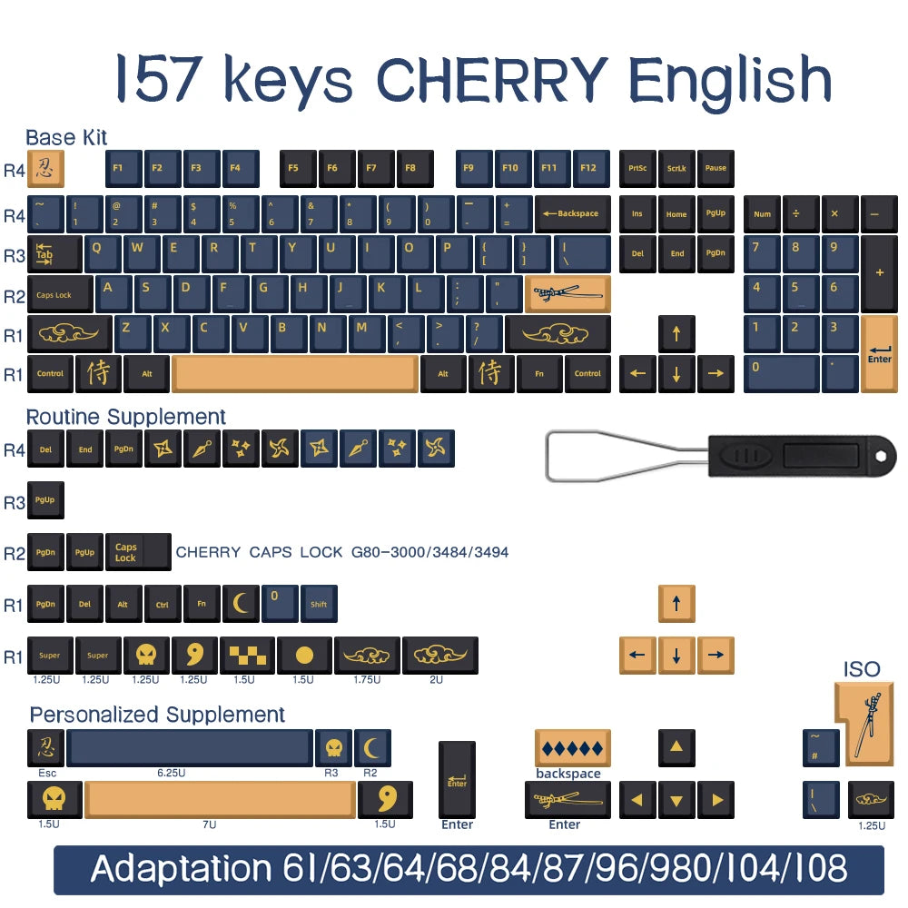 BLAU/ROT Samurai Japanisch/Koreanisch/Russisch/Spanisch/Französisch PBT-Tastenkappen ISO-Layout Cherry-Profil für benutzerdefinierte mechanische Tastatur