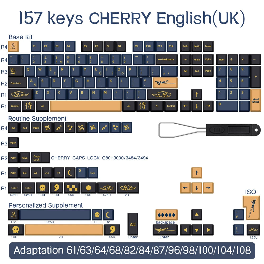 BLAU/ROT Samurai Japanisch/Koreanisch/Russisch/Spanisch/Französisch PBT-Tastenkappen ISO-Layout Cherry-Profil für benutzerdefinierte mechanische Tastatur