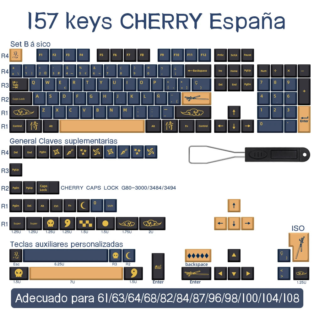 BLAU/ROT Samurai Japanisch/Koreanisch/Russisch/Spanisch/Französisch PBT-Tastenkappen ISO-Layout Cherry-Profil für benutzerdefinierte mechanische Tastatur