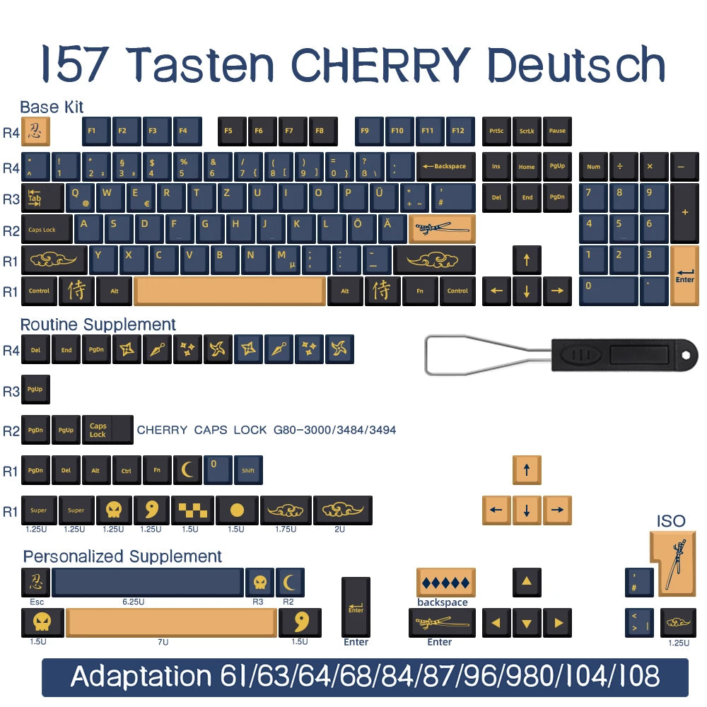 BLAU/ROT Samurai Japanisch/Koreanisch/Russisch/Spanisch/Französisch PBT-Tastenkappen ISO-Layout Cherry-Profil für benutzerdefinierte mechanische Tastatur