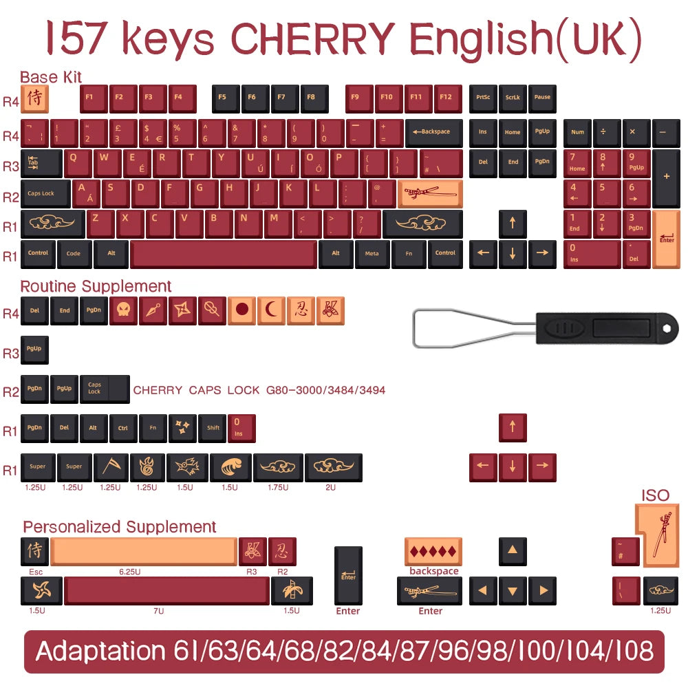 BLAU/ROT Samurai Japanisch/Koreanisch/Russisch/Spanisch/Französisch PBT-Tastenkappen ISO-Layout Cherry-Profil für benutzerdefinierte mechanische Tastatur