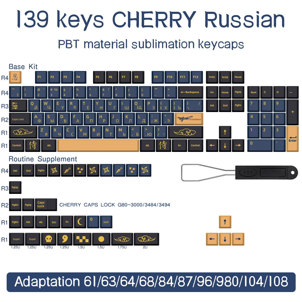 BLAU/ROT Samurai Japanisch/Koreanisch/Russisch/Spanisch/Französisch PBT-Tastenkappen ISO-Layout Cherry-Profil für benutzerdefinierte mechanische Tastatur