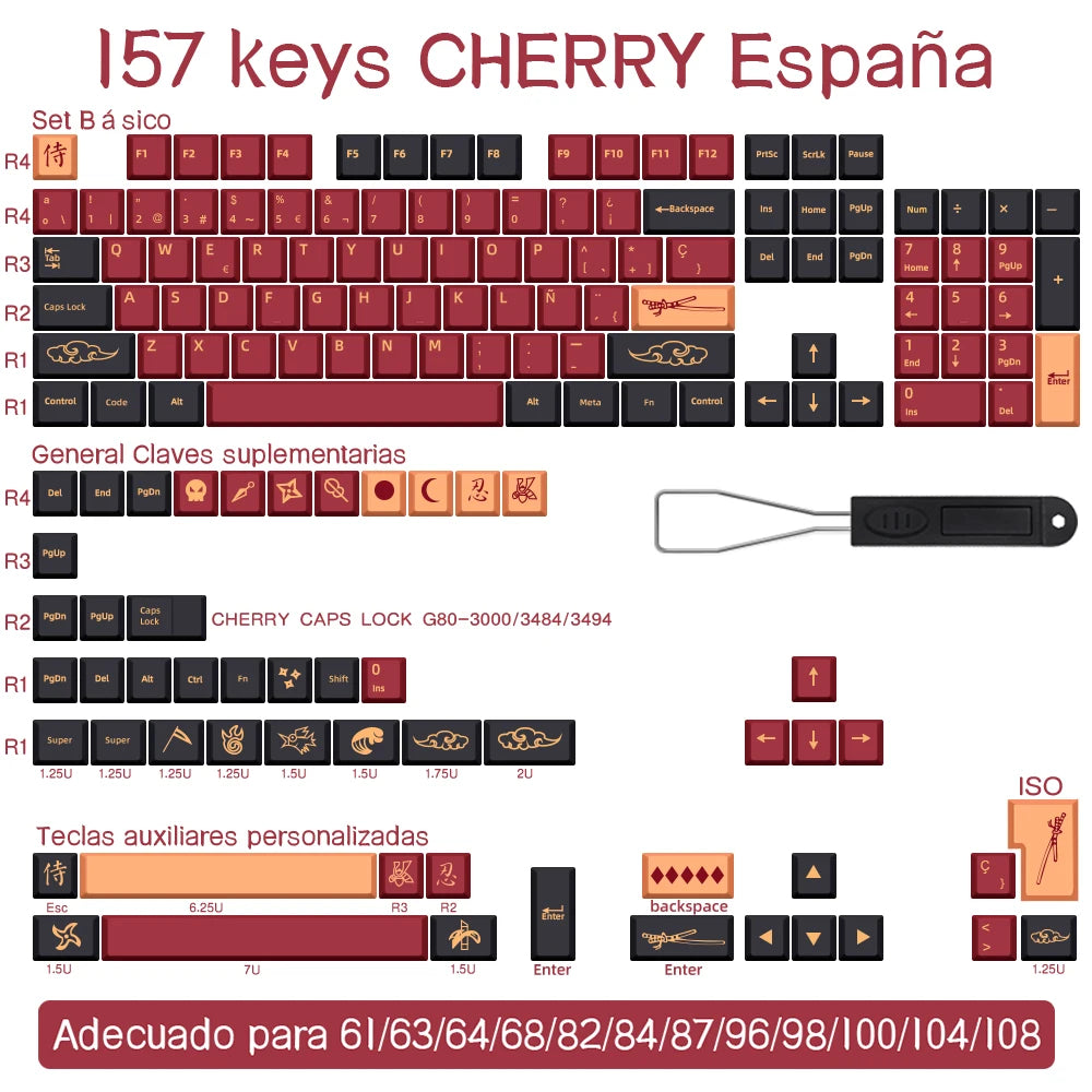BLAU/ROT Samurai Japanisch/Koreanisch/Russisch/Spanisch/Französisch PBT-Tastenkappen ISO-Layout Cherry-Profil für benutzerdefinierte mechanische Tastatur