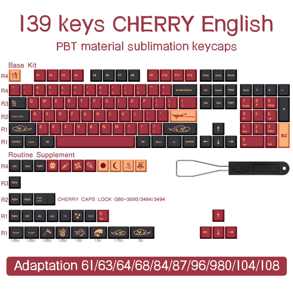 BLAU/ROT Samurai Japanisch/Koreanisch/Russisch/Spanisch/Französisch PBT-Tastenkappen ISO-Layout Cherry-Profil für benutzerdefinierte mechanische Tastatur