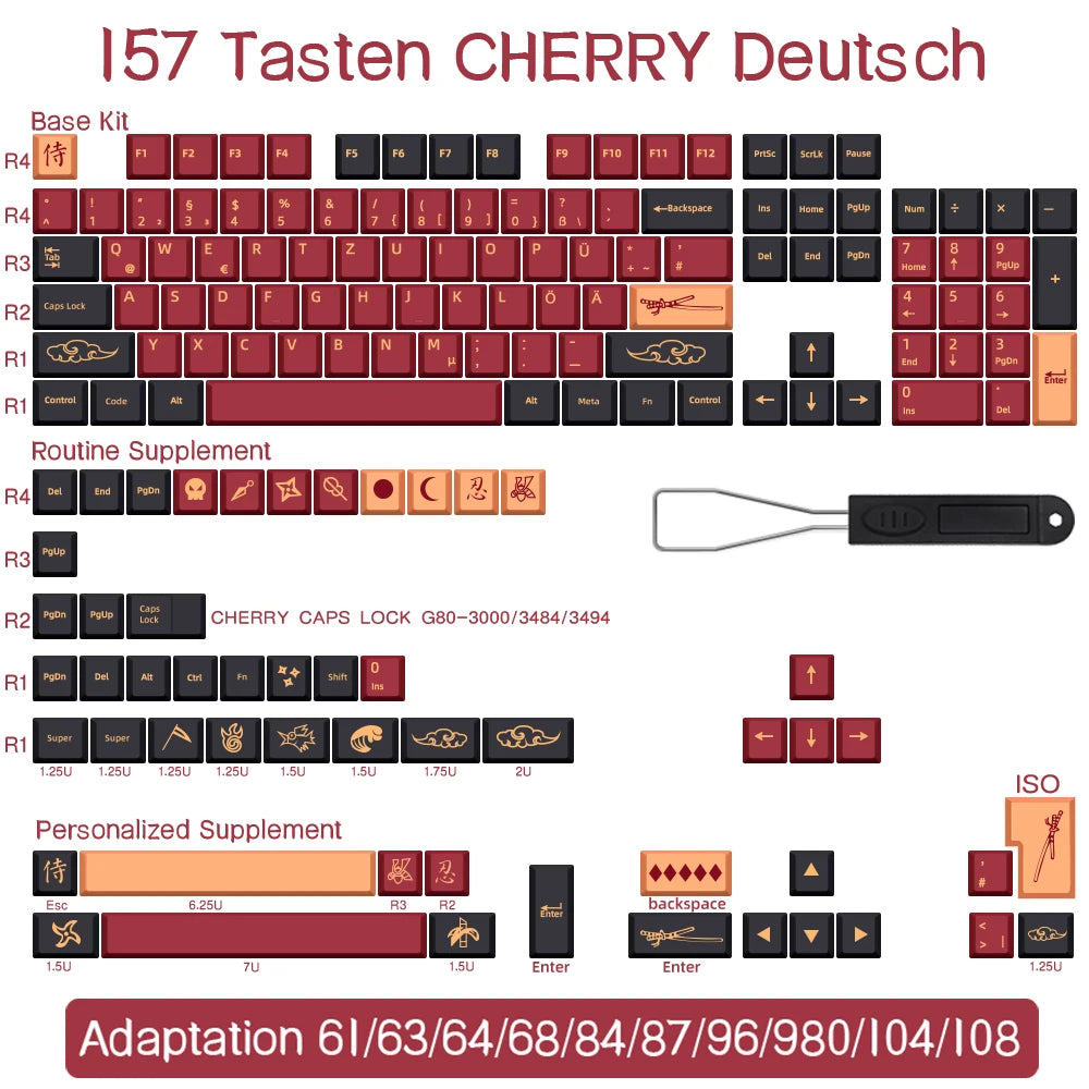 BLAU/ROT Samurai Japanisch/Koreanisch/Russisch/Spanisch/Französisch PBT-Tastenkappen ISO-Layout Cherry-Profil für benutzerdefinierte mechanische Tastatur
