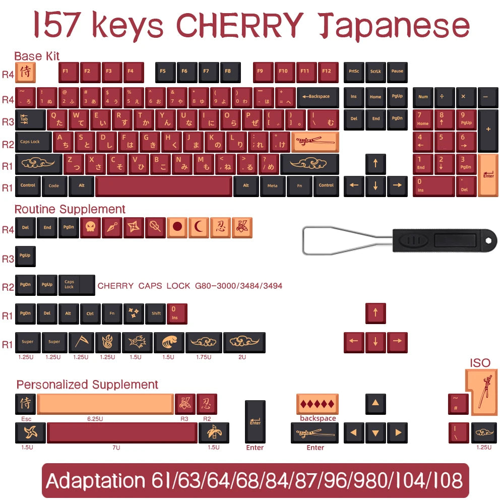 BLAU/ROT Samurai Japanisch/Koreanisch/Russisch/Spanisch/Französisch PBT-Tastenkappen ISO-Layout Cherry-Profil für benutzerdefinierte mechanische Tastatur