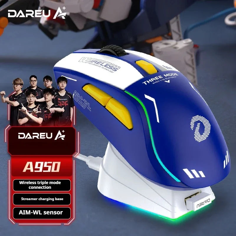 Dareu A950 Wireless Mouse 3-Mode Paw3395 Sensor RGB 88g Lightweight Ergonomics Bluetooth 2.4G Customized