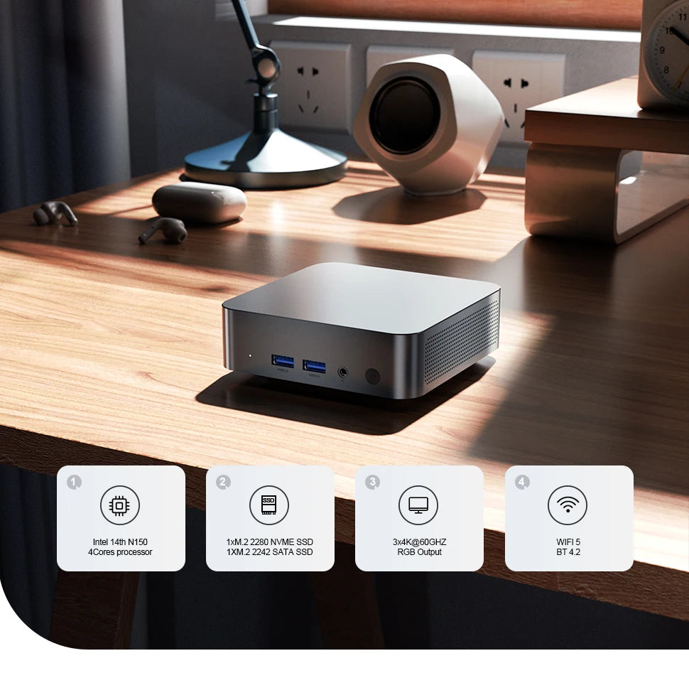 GTBOX T9 Mini-PC Intel N150/N100 WIFI5 Windows 11 Ultrakleiner Taschencomputer Dual-SSD Vollfunktion Typ-C 4K 60Hz RGB