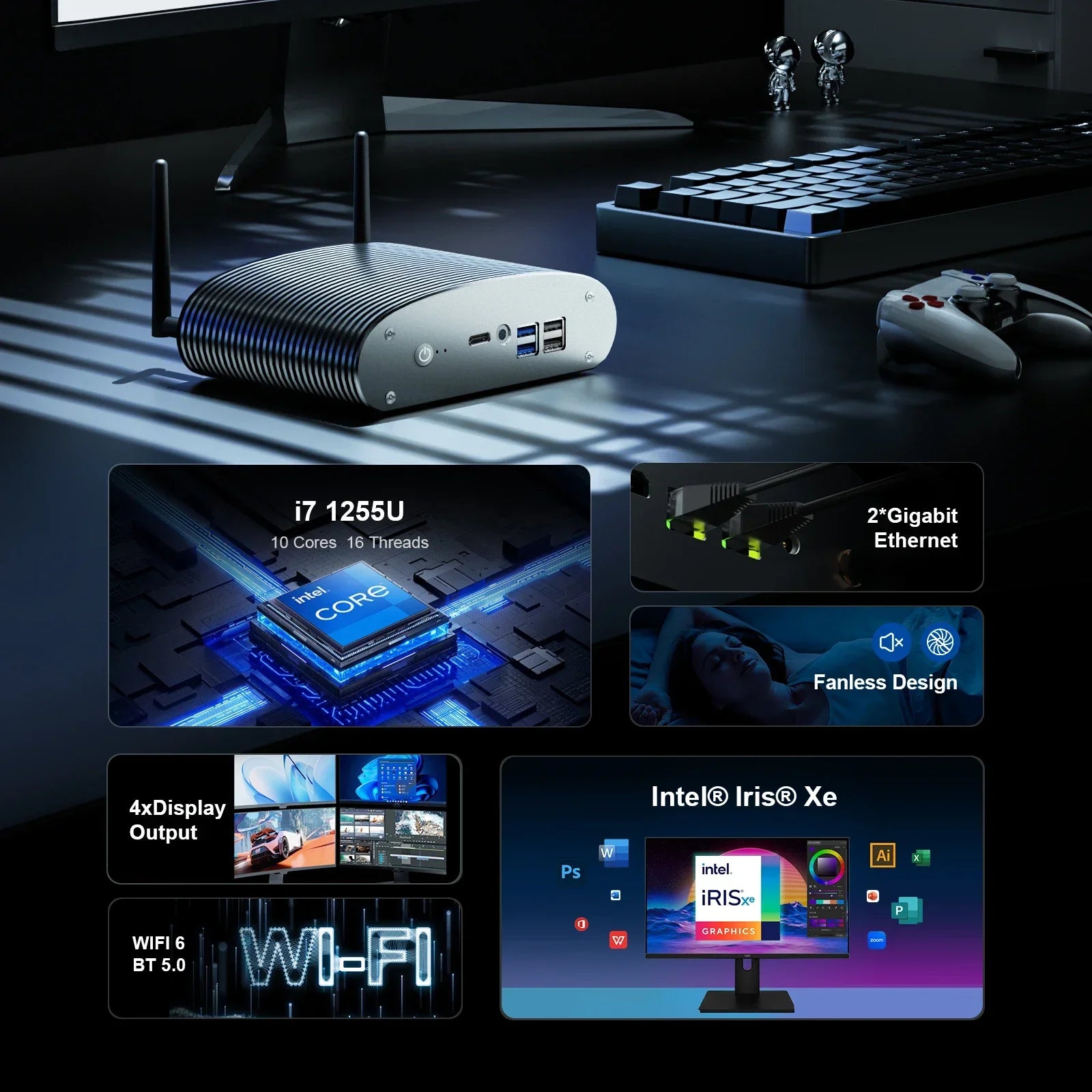 GTBOX  Intel 1235U i7 1255U TK12F Fanless Mini PC Gaming Desktop Computer 3x4K@60GHZ  Support NVME SSD