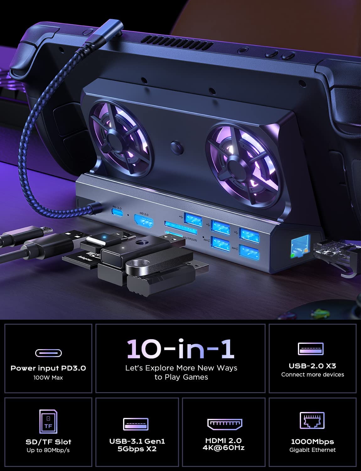 Steam Deck Docking Station with Fan 11-in-1 HDMI 2.0 Compatibility 4k@60hz Gigabit Ethernet Fast Charging