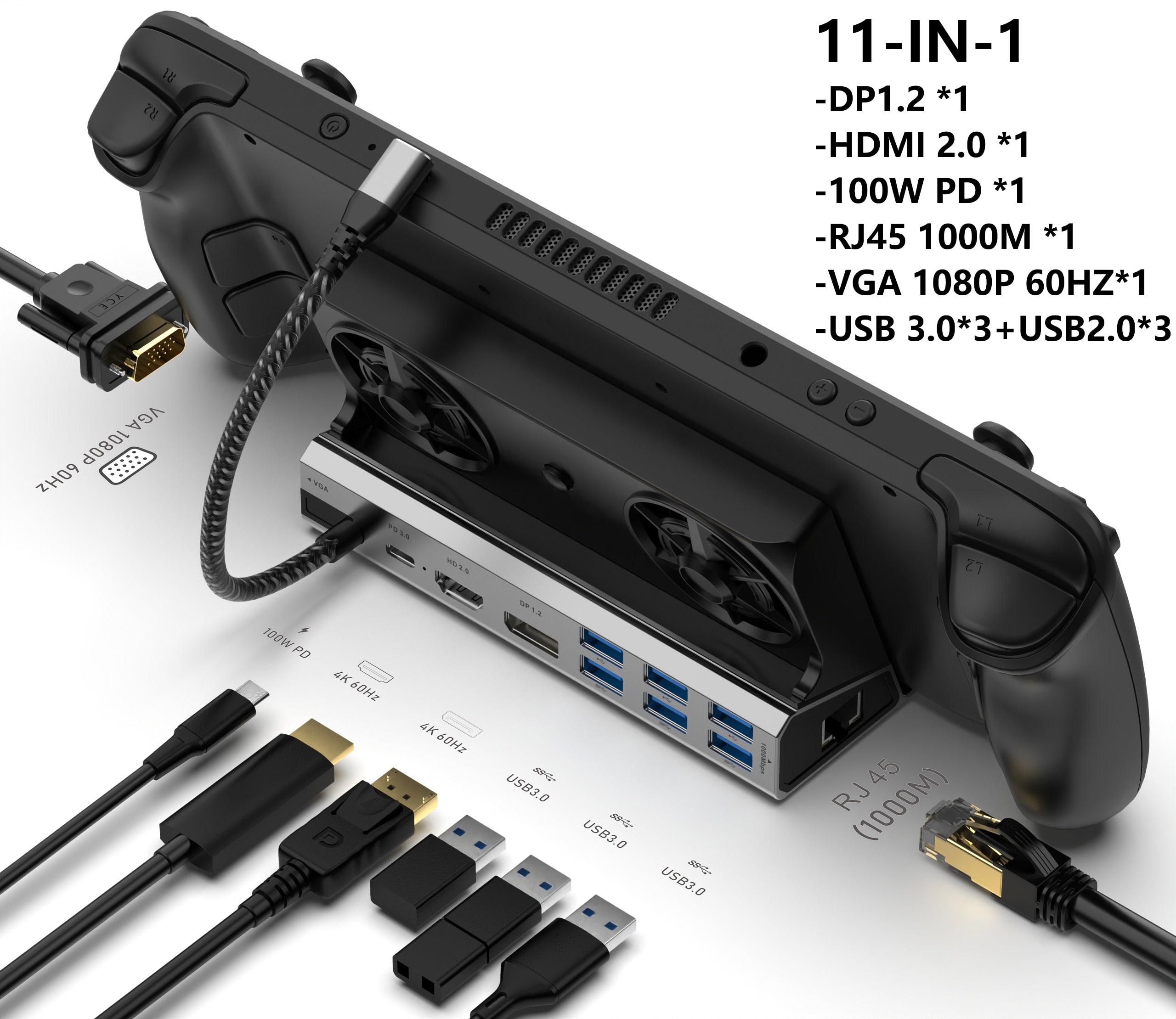 Steam Deck Docking Station with Fan 11-in-1 HDMI 2.0 Compatibility 4k@60hz Gigabit Ethernet Fast Charging
