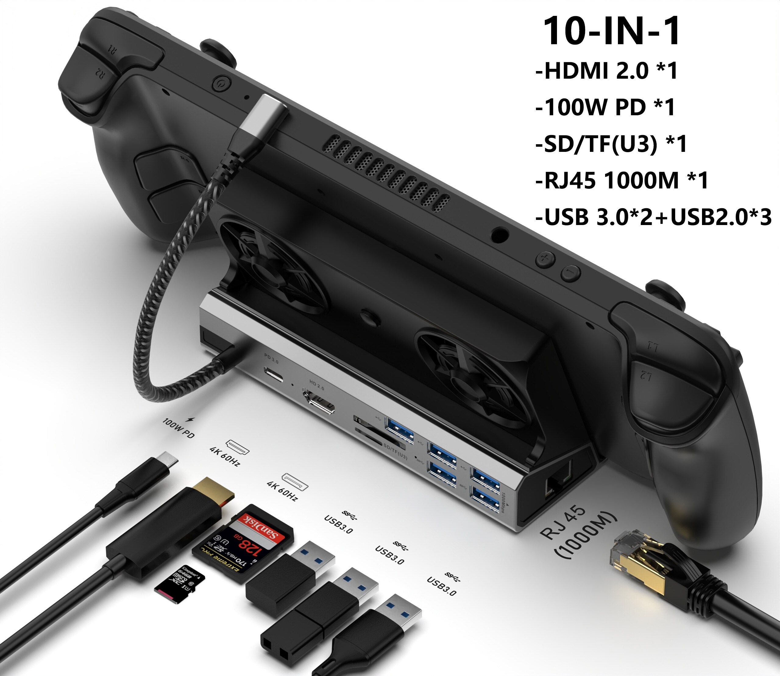 Steam Deck Docking Station with Fan 11-in-1 HDMI 2.0 Compatibility 4k@60hz Gigabit Ethernet Fast Charging