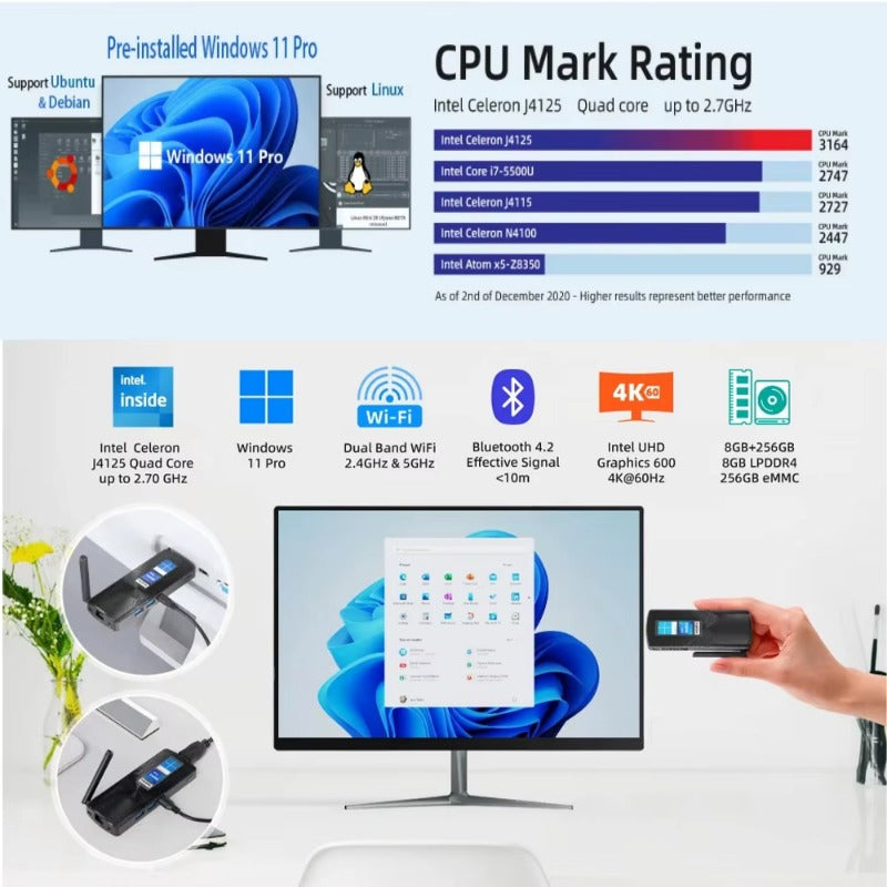 MeLE Mini-PC-Stick Lüfterlos Windows 11 Intel N100 J4125 Tragbarer Mini-Computer Tiny-PC HDMI 4K Wi-Fi5 BT4.2 PCG02 GLE Barebone