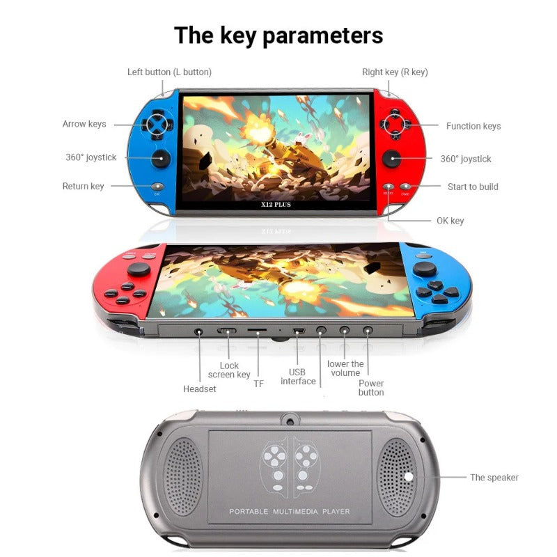 X12 Plus Video-Handheld-Spielekonsole, 7,0-Zoll-HD-Bildschirm, tragbarer Audio-Video-Player, klassisches Spielen, integrierte über 10.000 kostenlose Spiele