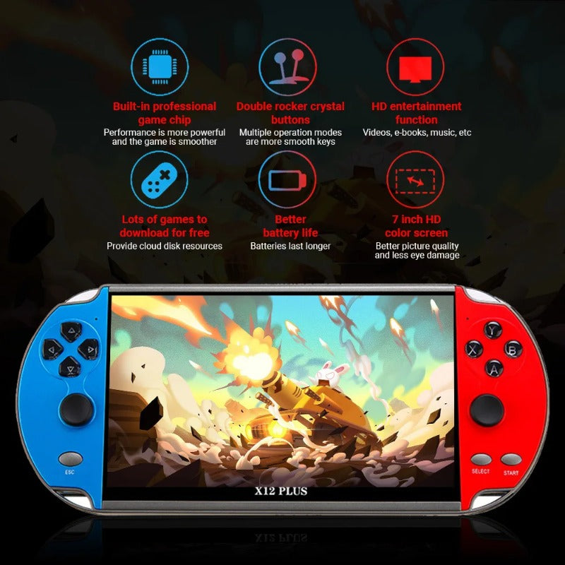 X12 Plus Video-Handheld-Spielekonsole, 7,0-Zoll-HD-Bildschirm, tragbarer Audio-Video-Player, klassisches Spielen, integrierte über 10.000 kostenlose Spiele