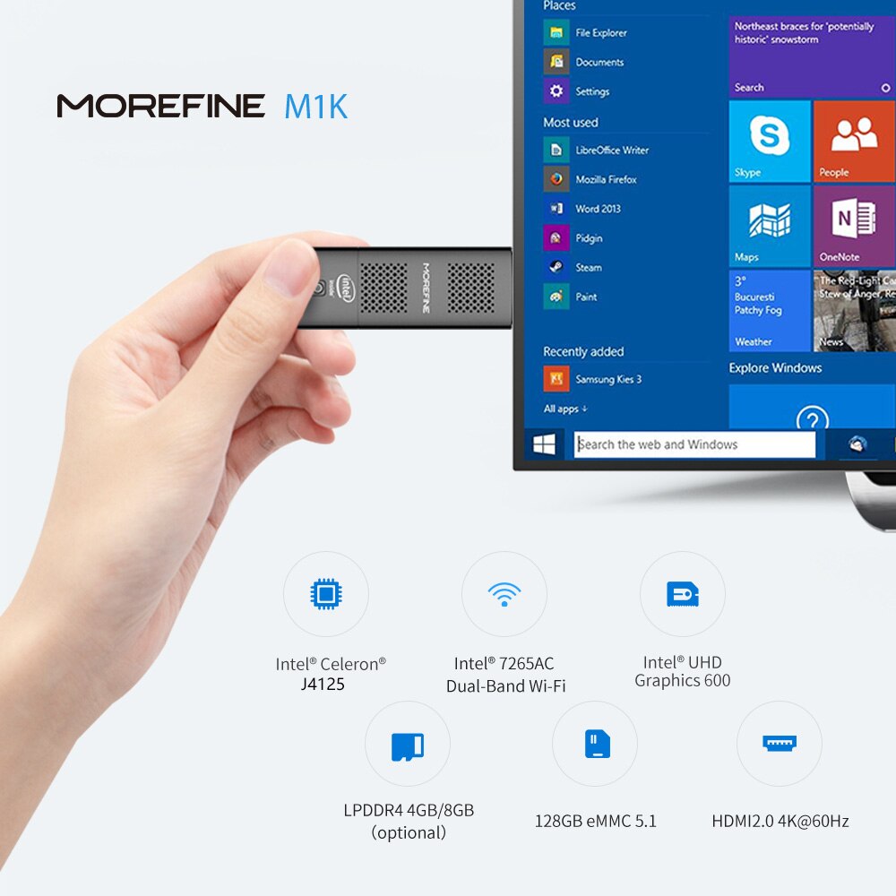 M1K Intel Celeron J4125 Windows 10 Pro Mini PC Stick 8GB LPDDR4 128GB/256GB eMMC MINI Pocket Computer