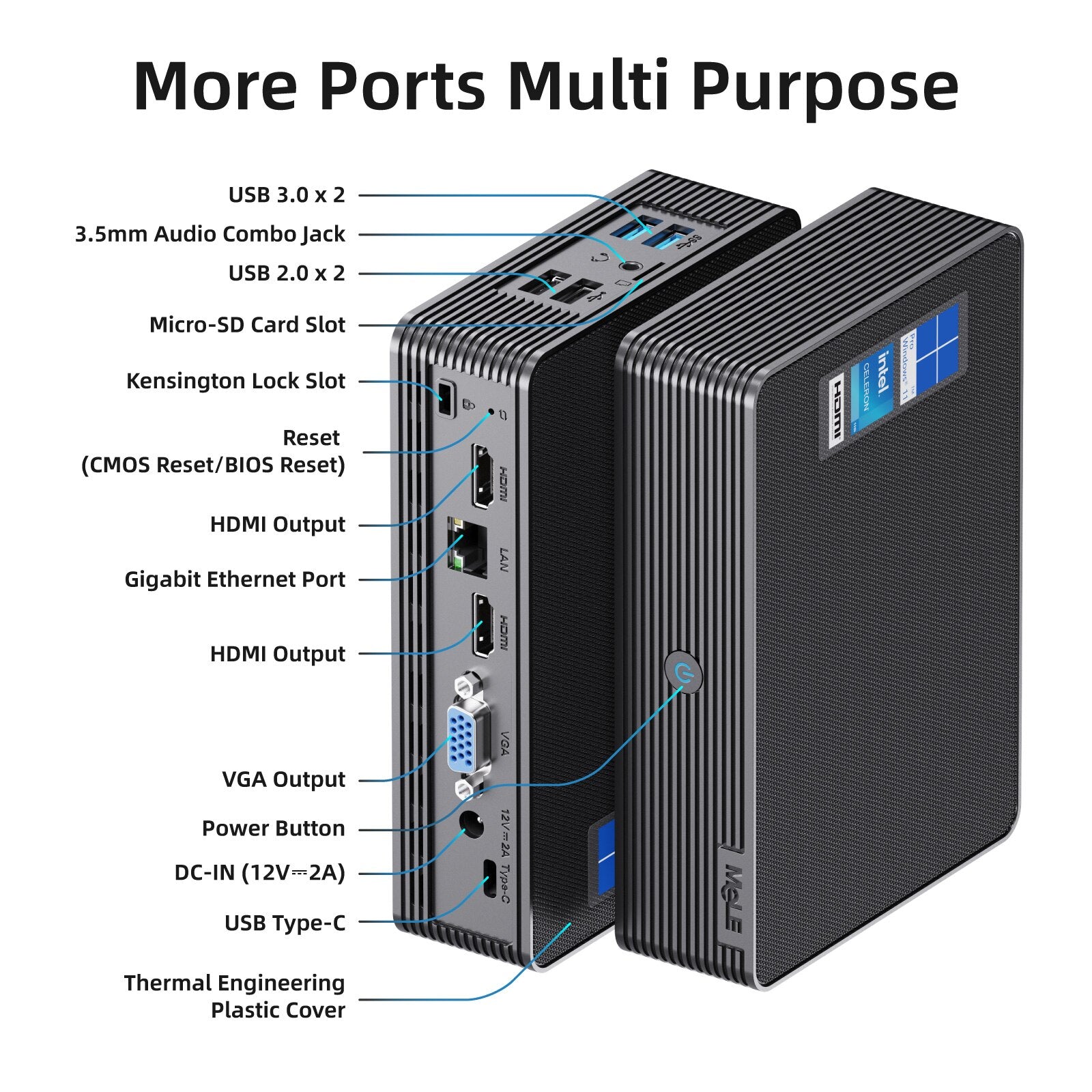 MeLE Leiser HD3 Lüfterloser Mini-PC Windows 11 Pro Celeron N5105 8 GB 128 GB Industrieller IoT-Computer, SSD HDD Gigabit Ethernet PXE 4K