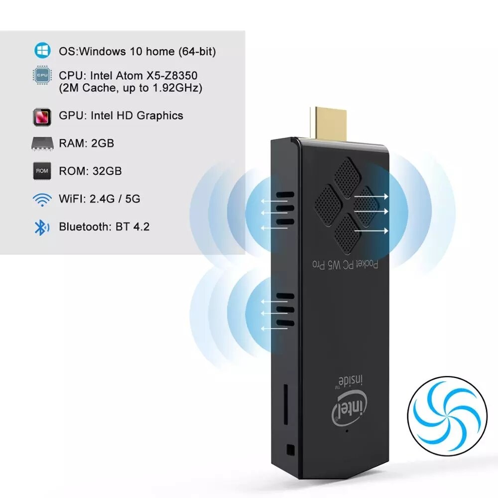 Morefine W5 PRO T5 Windows 10 Mini PC TV Stick Computer Intel Z8350 2.4G/5G WiFi BT4.0 4K HD Computer