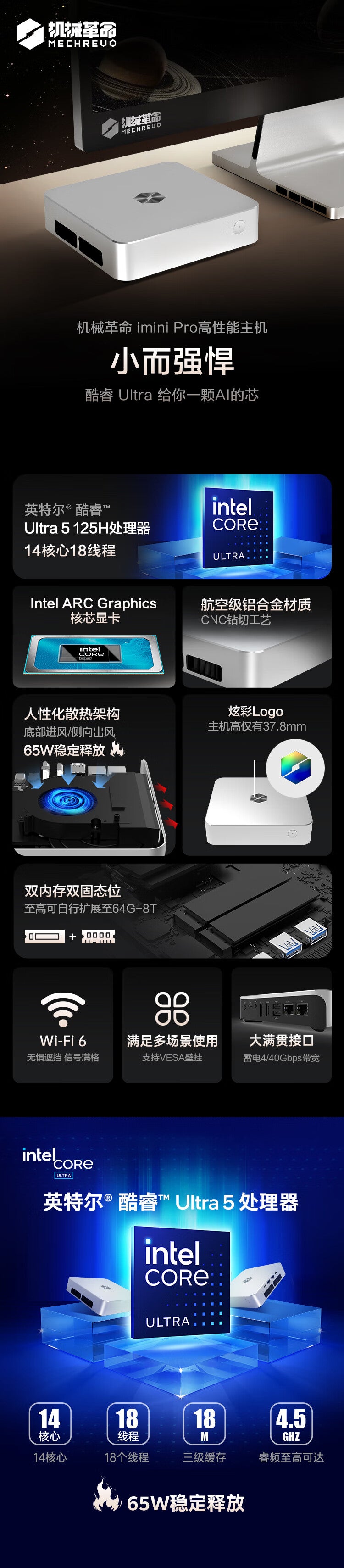 MECHREVO iMINI Pro 520 Mini PC Intel Meteor Lake Ultra 5 125H 32GD5 5600 1T SSD WiFi6 Windows 11