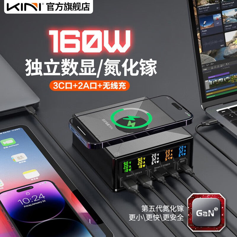 KINI GaN Charger 160W Fast Charging 5-port Type-C Multi-screen Display for Mac iPhone 15 Huawei Xiaomi