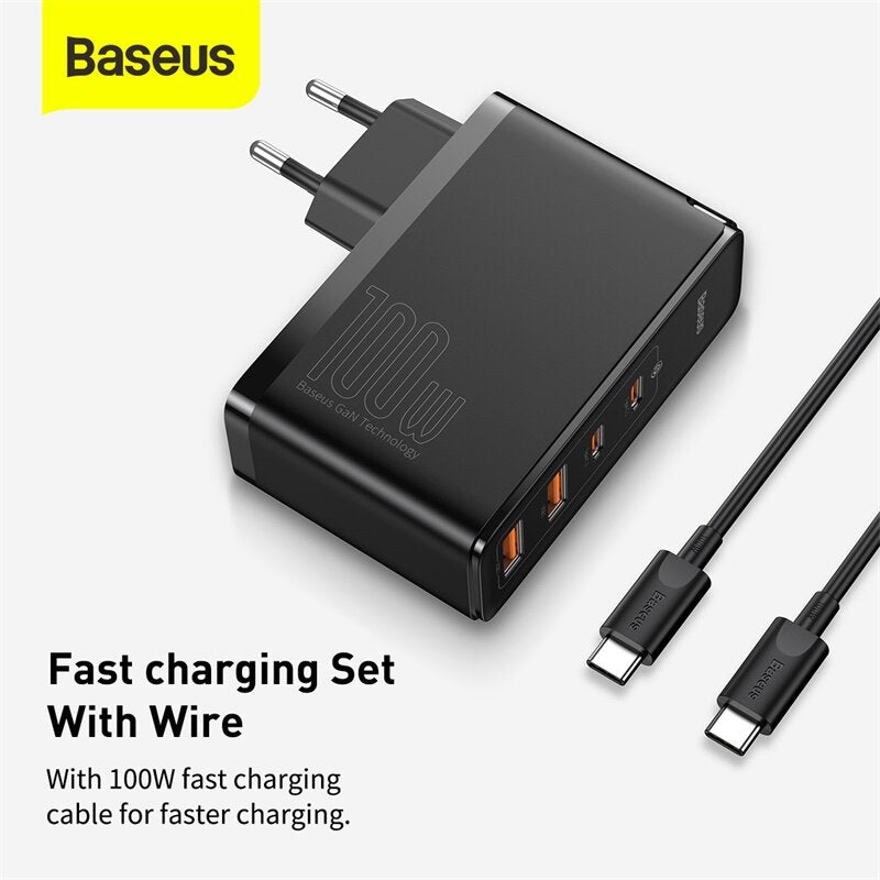 Baseus GaN2 Pro 100W USB PD 4-Port Wall Charger Dual 100W USB-C PD Dual 60W USB-A QC3.0 With 100W USB-C to USB-C Cable[GaN Tech]